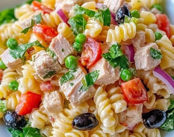 Easy tuna pasta salad recipe fresh ingredients and colorful presentation