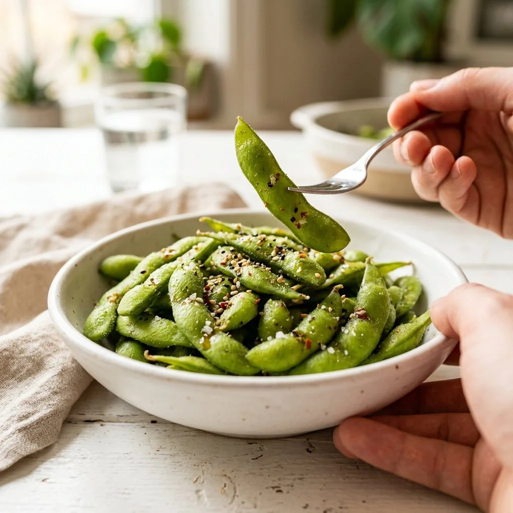 Delicious edamame snack dish garnished with sea salt and served in a bowl