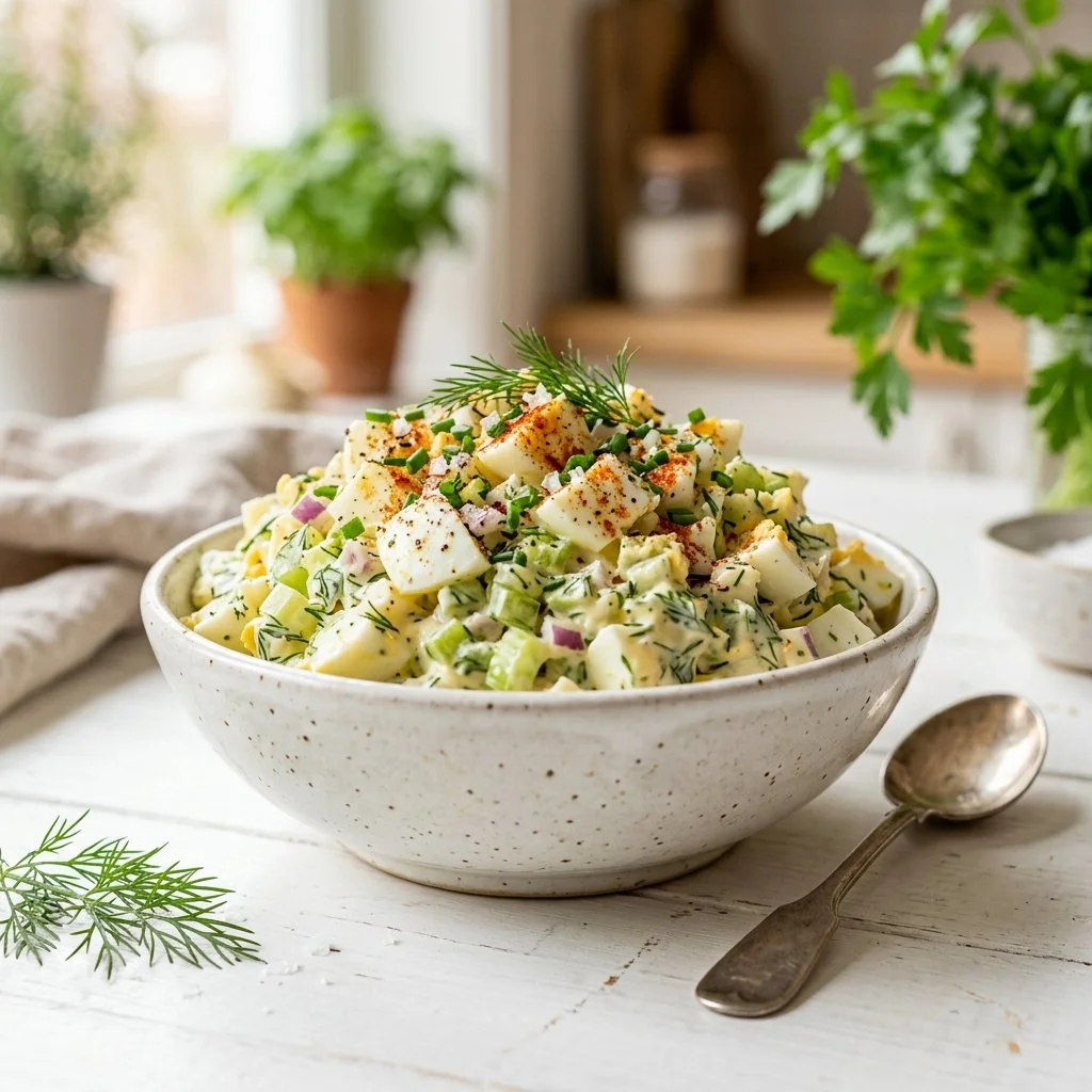 High protein egg salad recipe with eggs, veggies, and creamy dressing