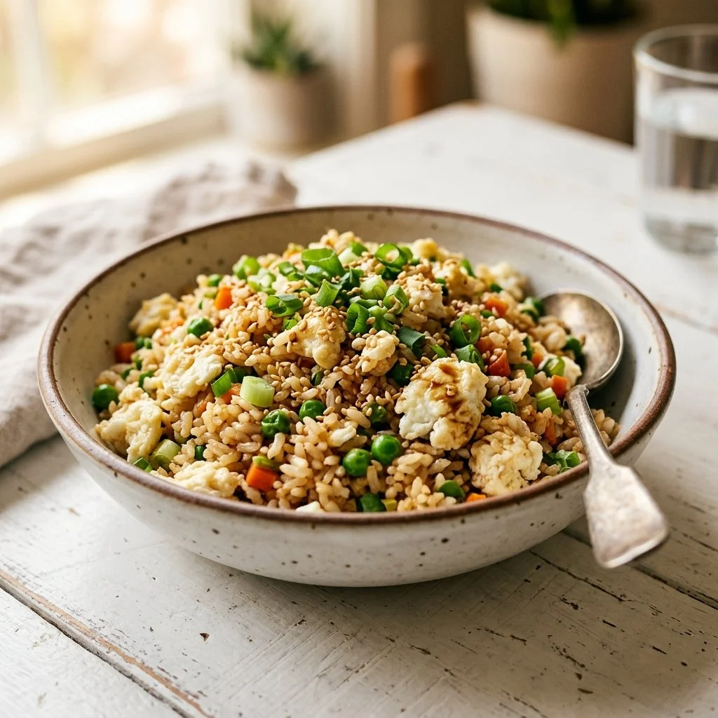 Delicious Egg White Fried Rice served in a bowl with vibrant vegetables.