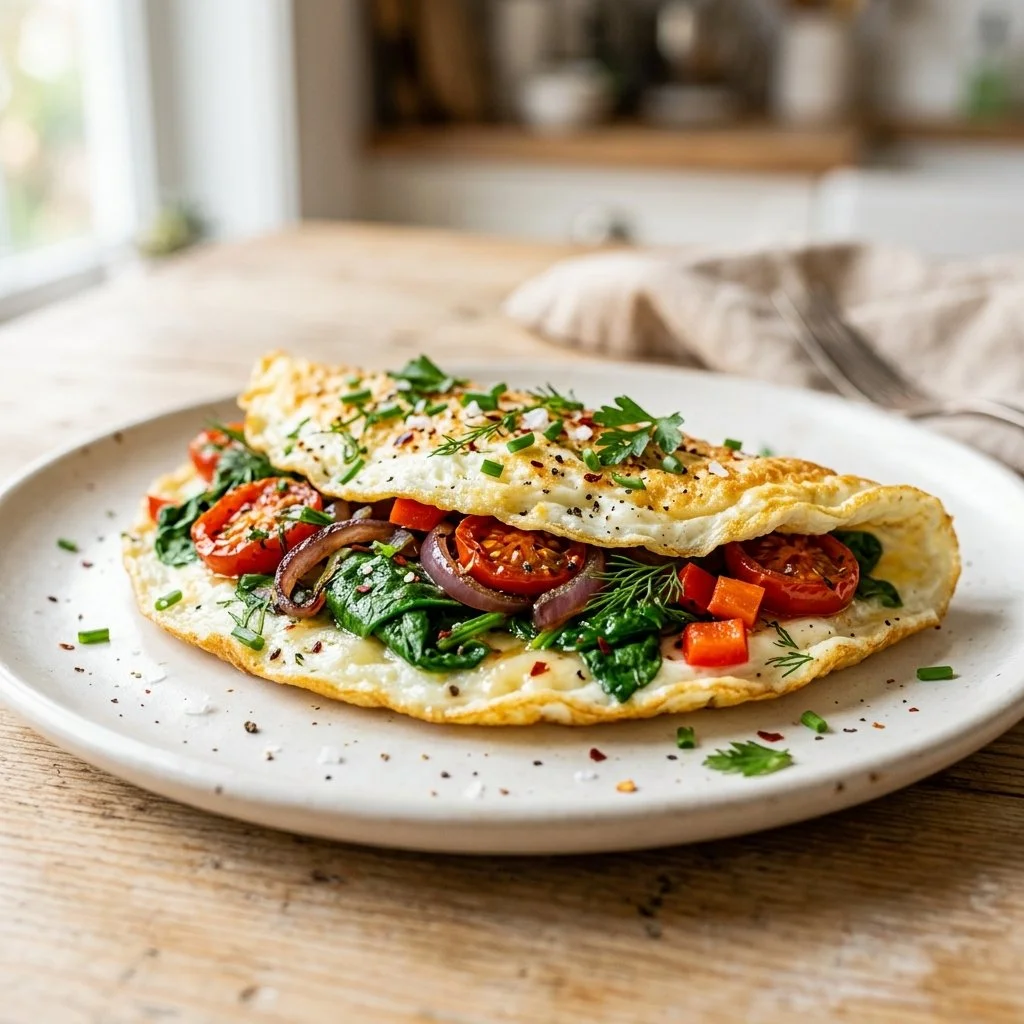 Healthy egg white omelette served with fresh vegetables and herbs