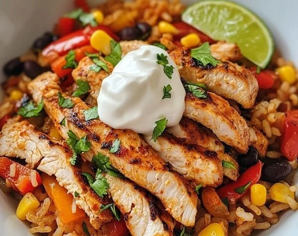 Fajita chicken rice bowl topped with fresh vegetables and spices