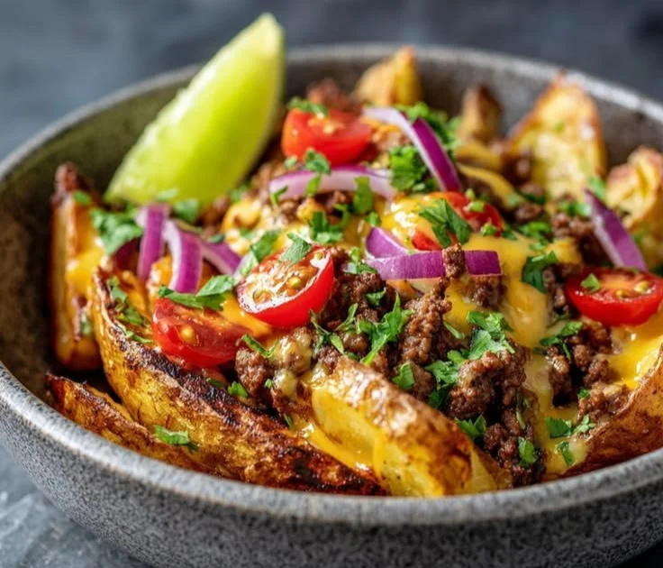 Delicious Fiesta Loaded Potato Bowls topped with cheese, salsa, and fresh veggies.