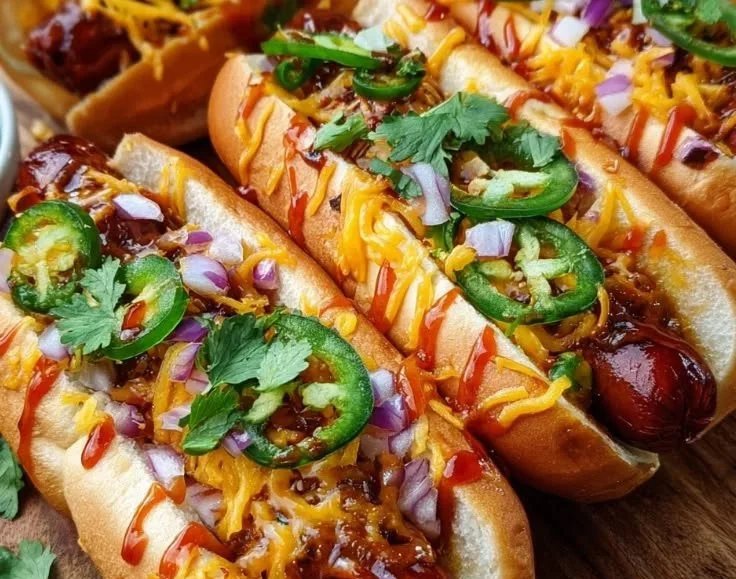 Firecracker hot dogs with sweet and spicy toppings ready to be served