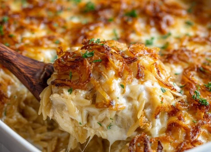 Delicious French Onion Chicken Orzo Casserole served in a baking dish.