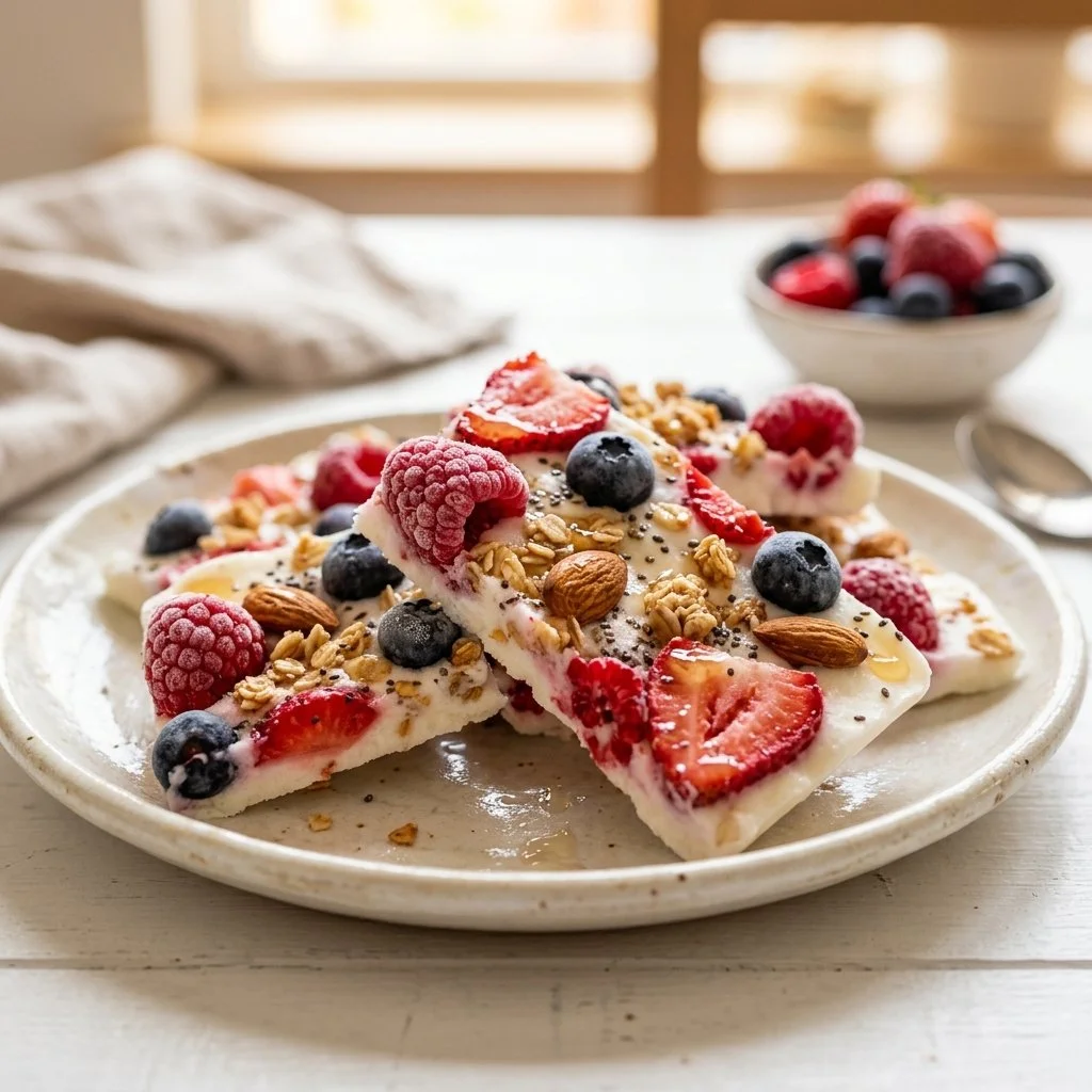 Delicious homemade frozen yogurt bark topped with fruits and nuts.
