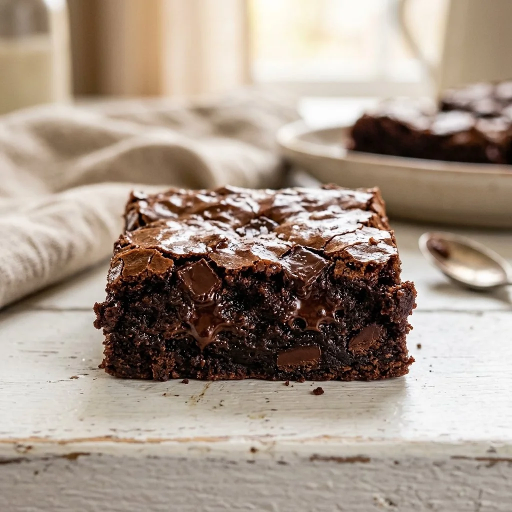 Deliciously fudgy brownies on a plate with chocolate drizzle