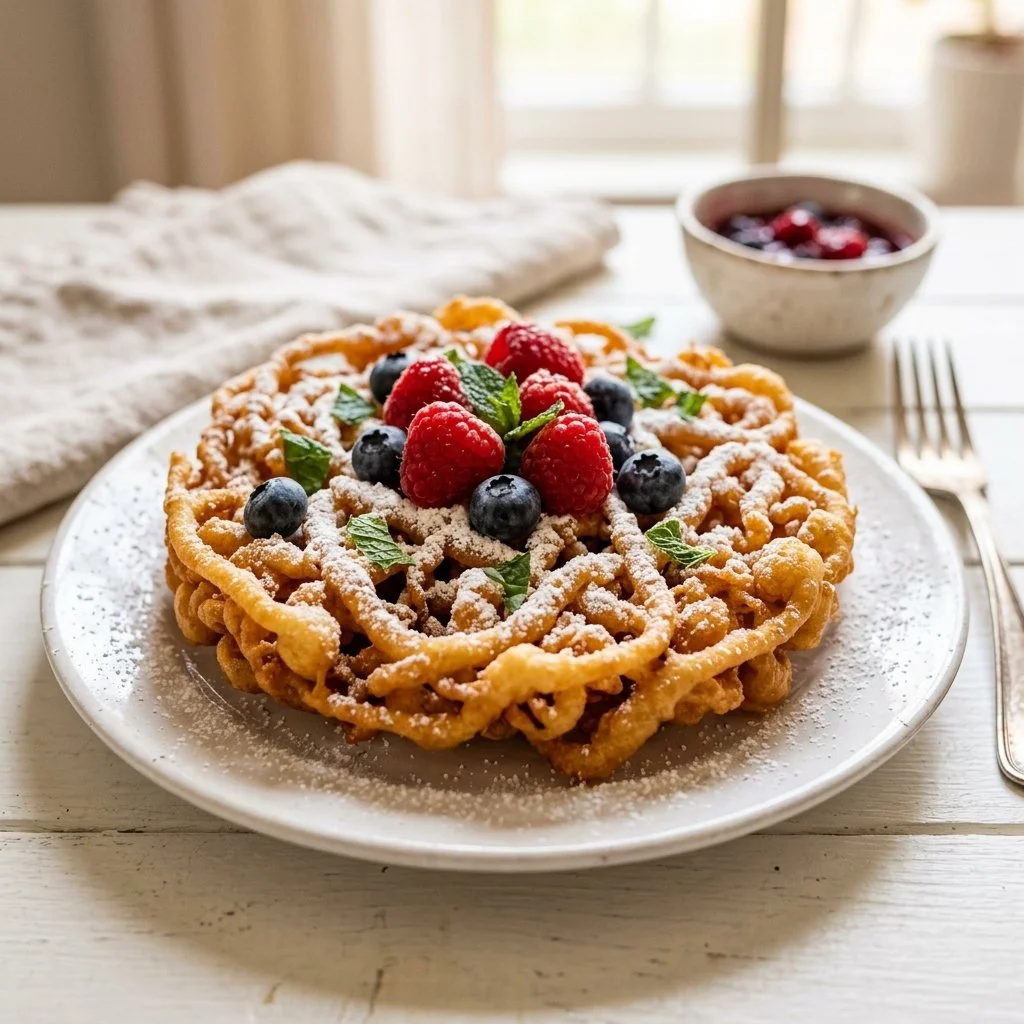 Delicious homemade funnel cake dusted with powdered sugar.