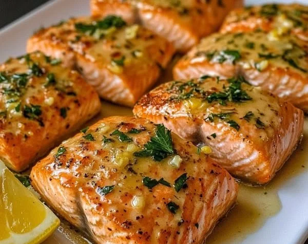 Garlic butter baked salmon ready to serve on a plate with herbs.
