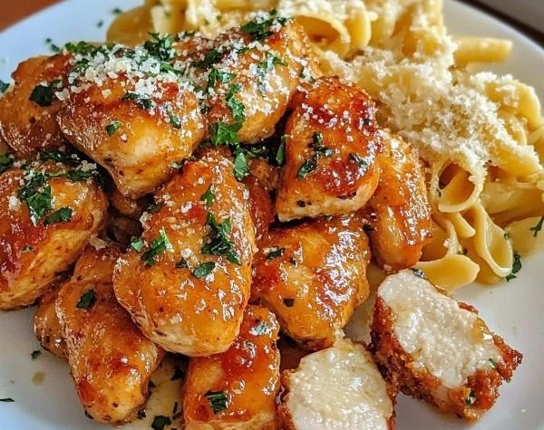 Garlic butter chicken bites served with creamy parmesan pasta in a delicious dish