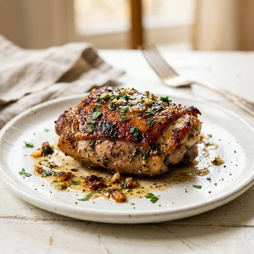 Juicy garlic butter chicken thighs served with herbs and vegetables.