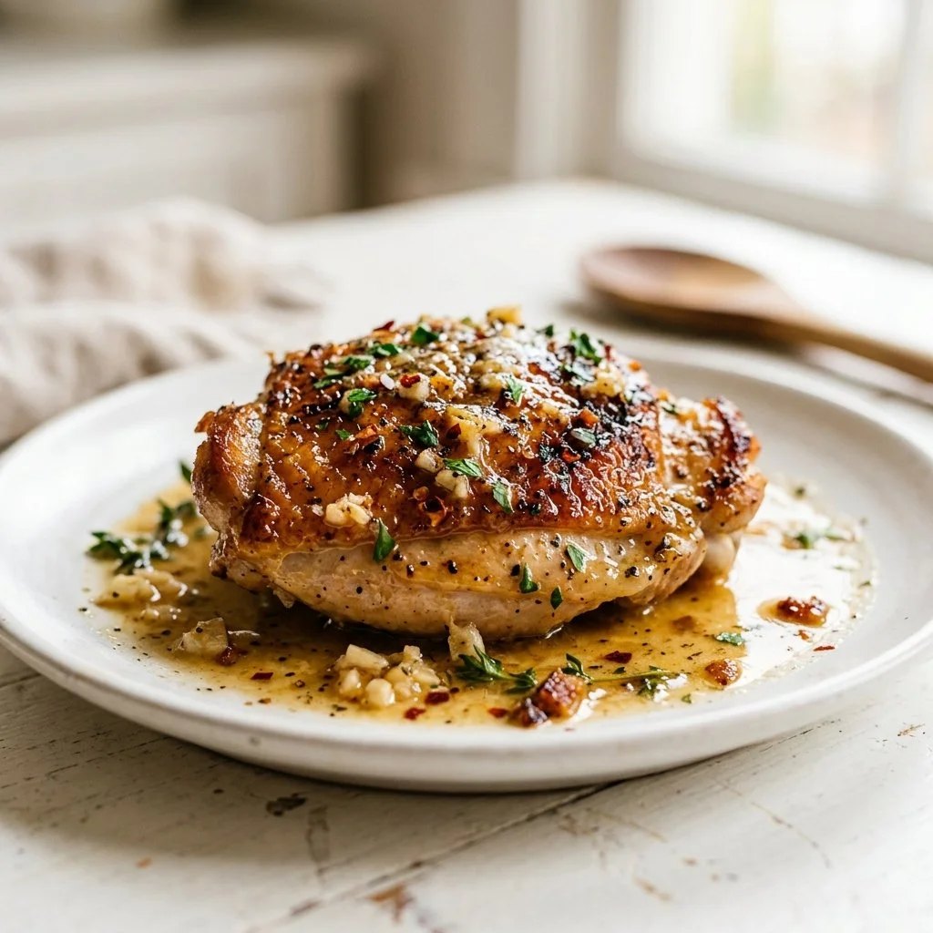 Delicious Garlic Butter Chicken Thighs garnished with herbs