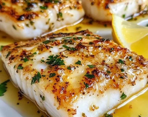 Garlic Butter Cod fillet served with a side of vegetables