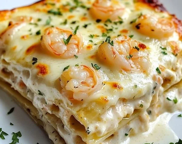 Delicious Garlic Butter Shrimp Scampi Lasagna served in a white dish.