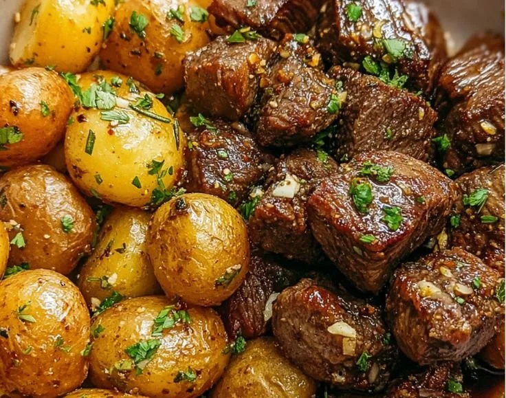 Garlic Butter Steak Bites served with potatoes on a plate