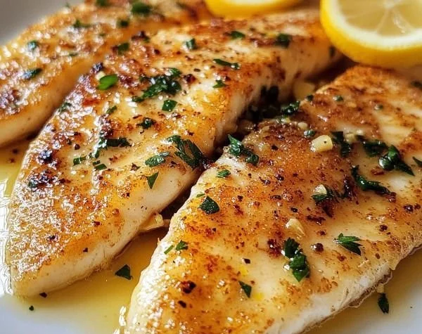 Garlic Butter Tilapia served with fresh herbs and lemon