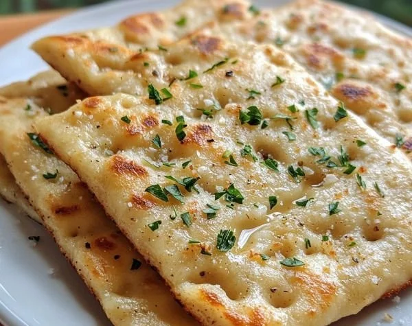 Homemade Garlic Keto Flatbread topped with herbs and spices