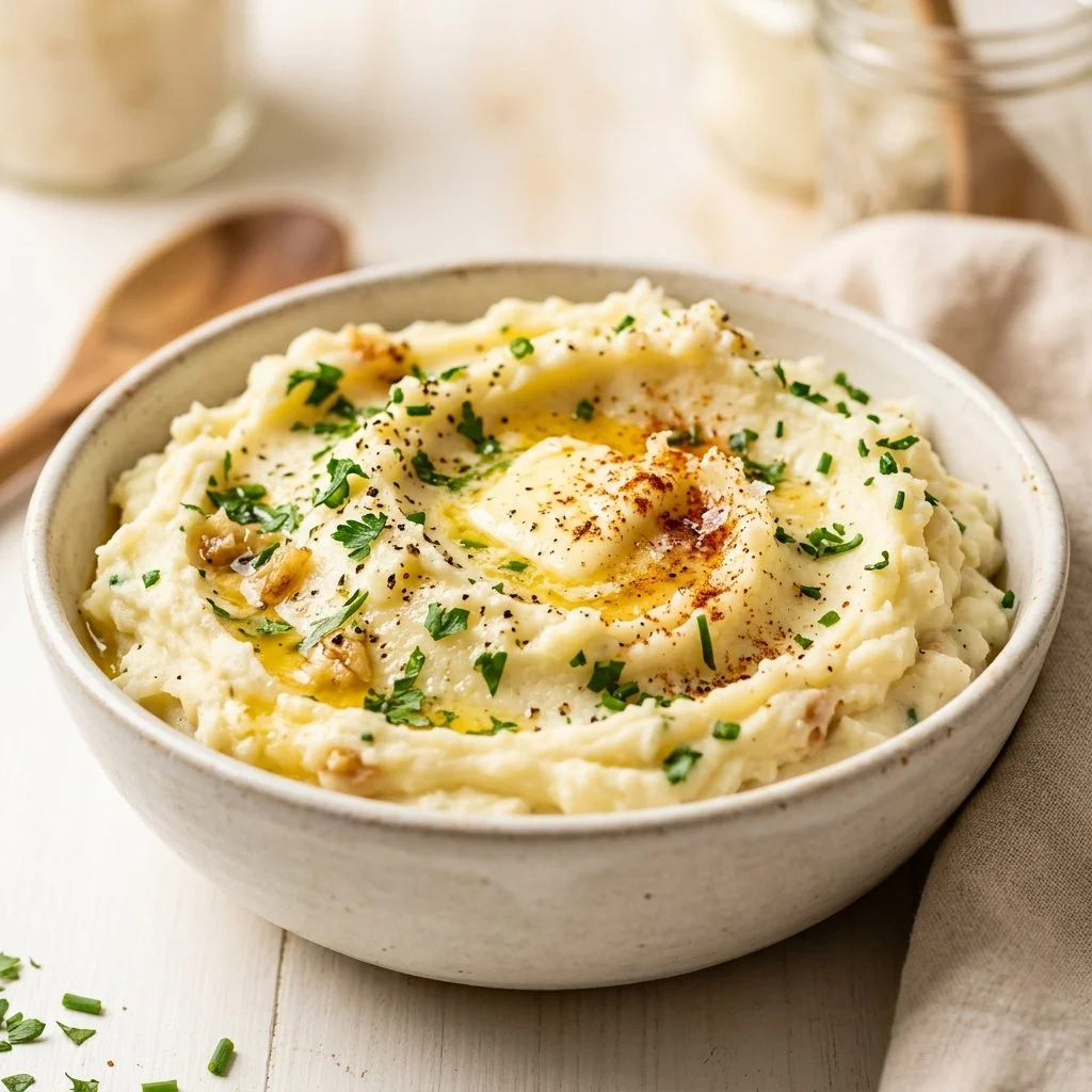 Creamy garlic mashed potatoes served in a bowl with herbs on top.