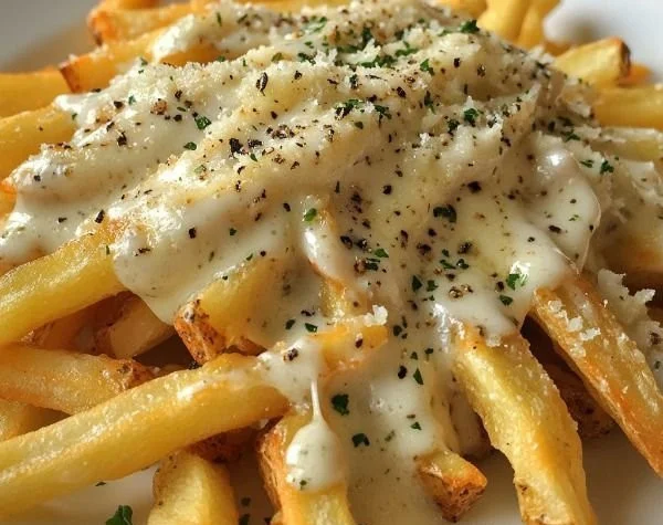 Creamy Garlic Parmesan Sauce in a bowl with garlic cloves and parsley