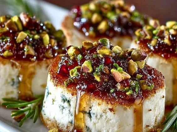 Goat cheese appetizer with honey, figs, and pistachios served on a platter