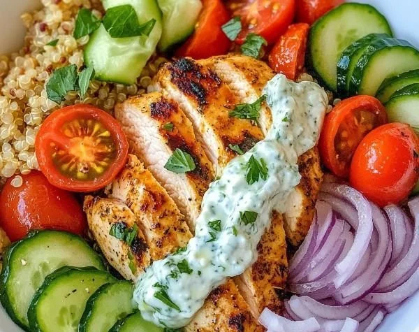 Delicious Greek Chicken Tzatziki bowl with fresh vegetables and tzatziki sauce