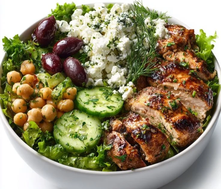 Greek Chickpea Chicken Bowl with fresh vegetables and dressing