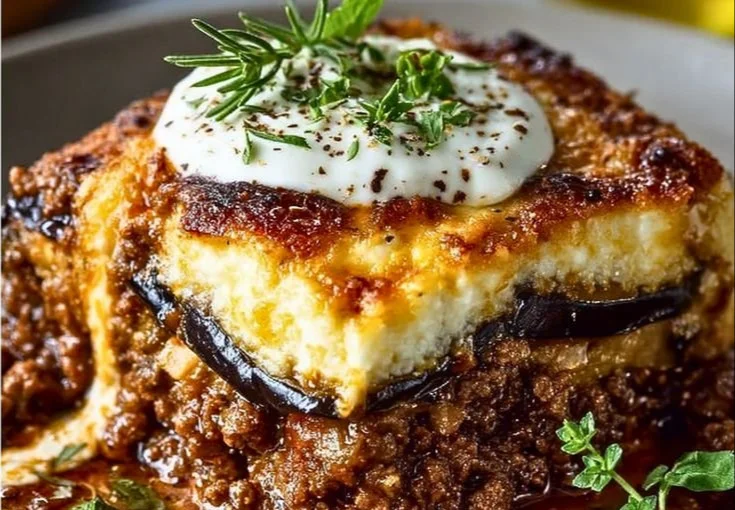 Delicious Greek Moussaka with layers of eggplant and savory meat sauce