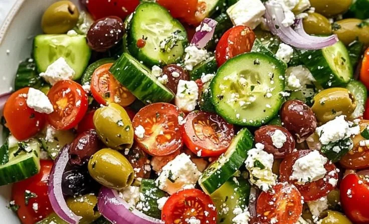 A colorful Greek Salad with fresh vegetables, feta cheese, and olives on a plate.