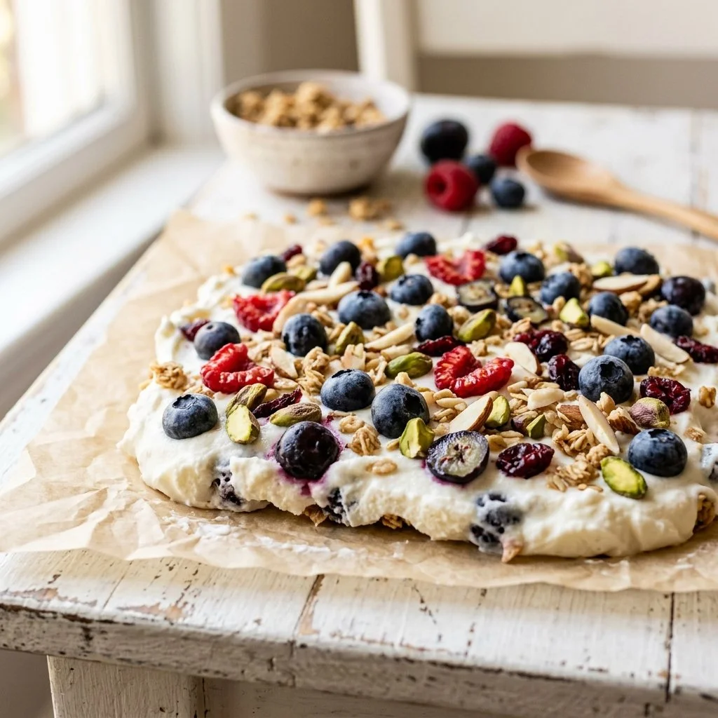 Delicious Greek yogurt bark topped with fruits and nuts