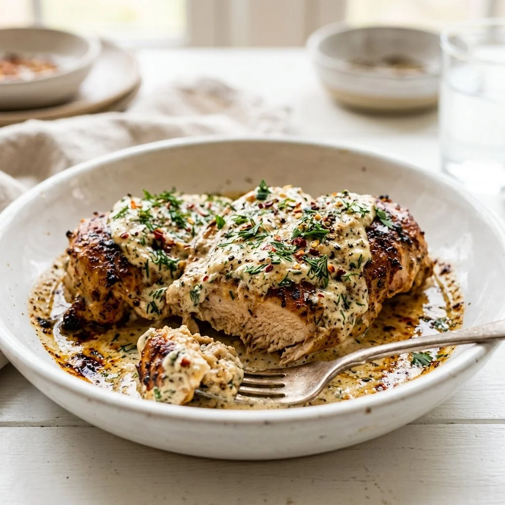 Delicious Greek Yogurt Chicken served with fresh herbs and vegetables
