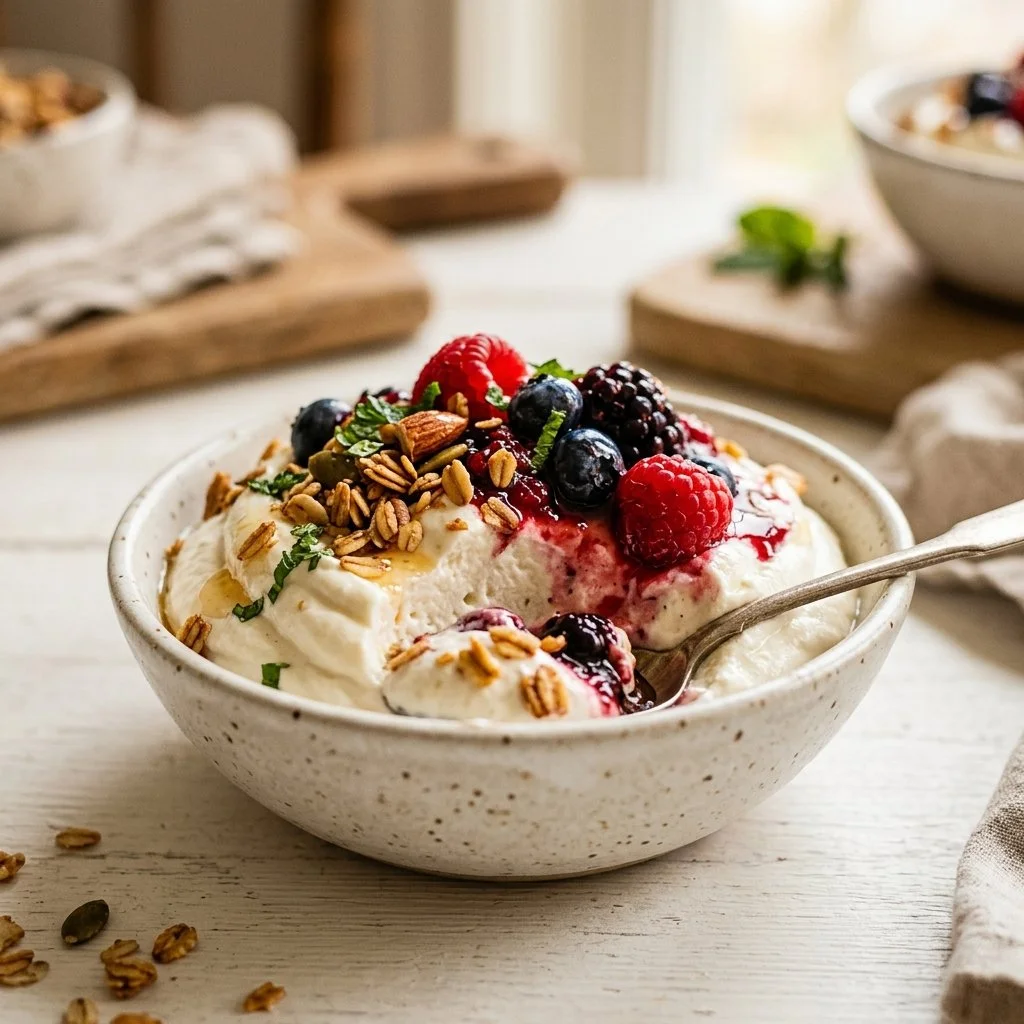 Delicious Greek yogurt mousse served in a glass with fresh berries on top.