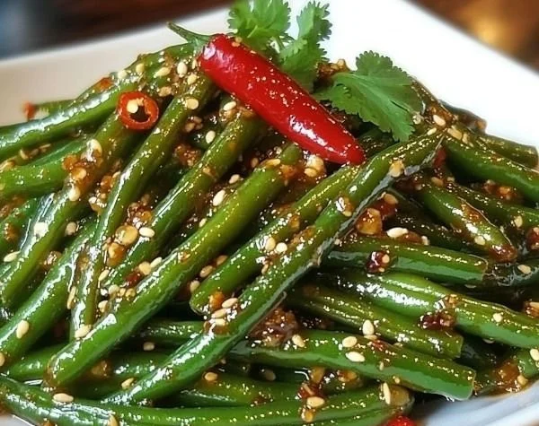 Chinese buffet style green beans with vibrant colors and savory sauce