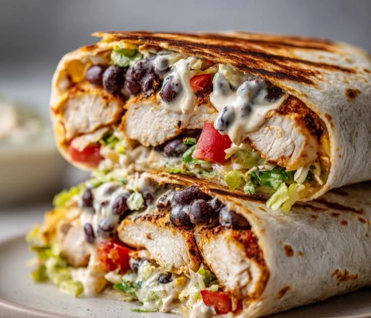 Grilled chicken burritos with chipotle ranch sauce served on a plate