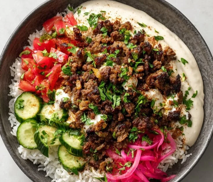 Ground Beef Shawarma Bowl with fresh vegetables and sauce
