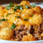 Ground Beef Tater Tot Casserole topped with golden crispy tater tots