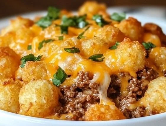 Ground Beef Tater Tot Casserole topped with golden crispy tater tots