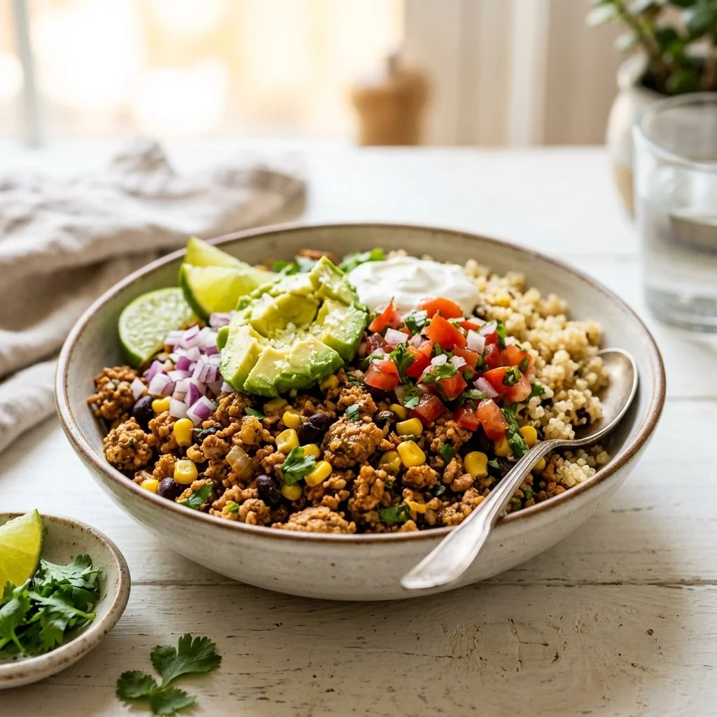 Healthy ground turkey bowl with fresh vegetables and grains