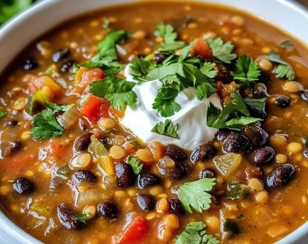 Bowl of hearty black bean lentil soup garnished with herbs and spices