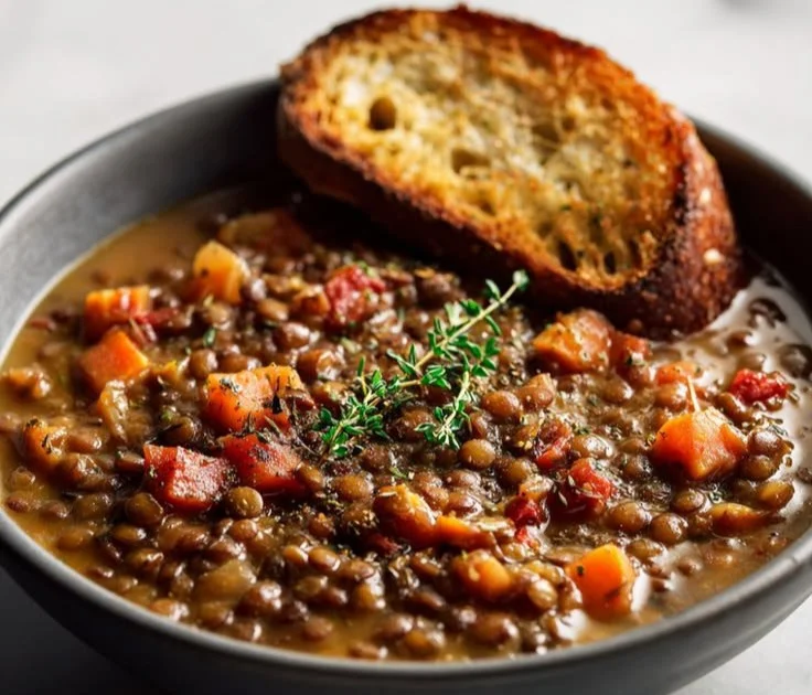 Bowl of hearty lentil stew garnished with herbs and served with bread