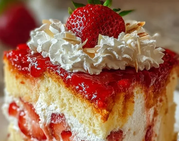 Delicious Heaven on Earth Cake topped with whipped cream and cherries