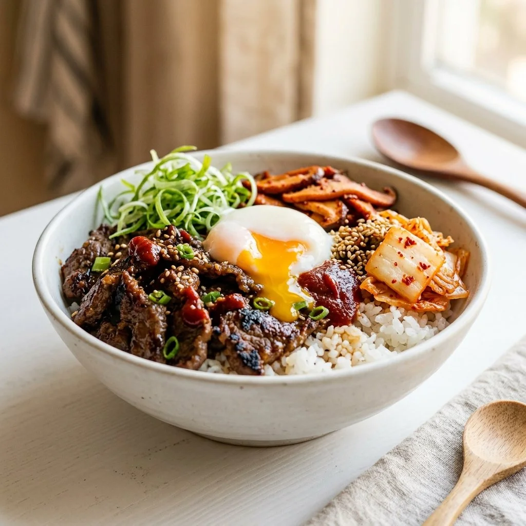 High protein beef bowl with vegetables and rice in a delicious sauce