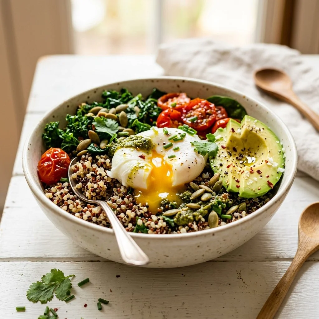 High protein breakfast bowl with eggs, spinach, and quinoa for a healthy meal.