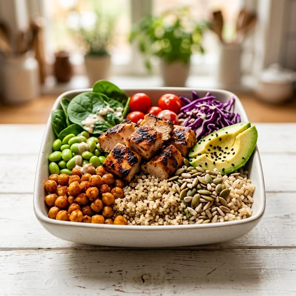 High Protein Buddha Bowl filled with grains and fresh vegetables