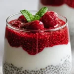 High protein chia seed pudding topped with fresh fruits and Greek yogurt