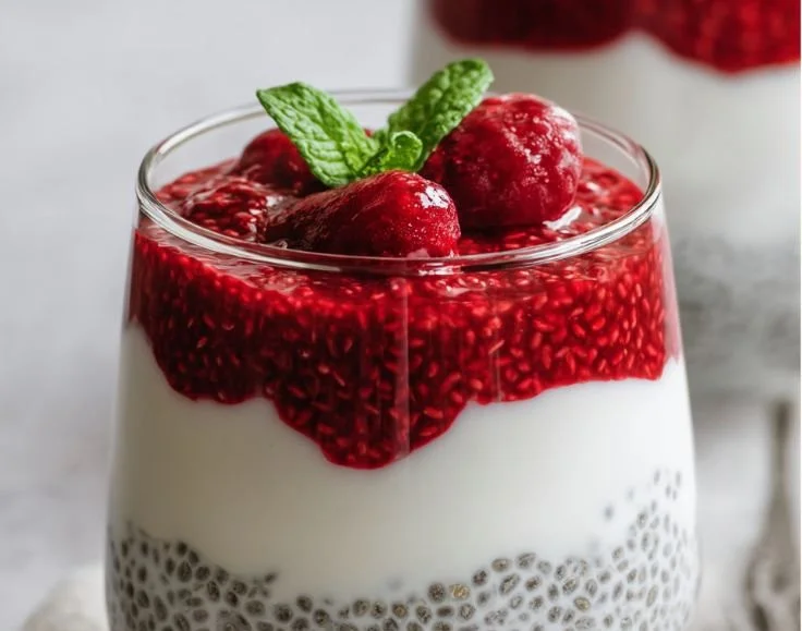 High protein chia seed pudding topped with fresh fruits and Greek yogurt
