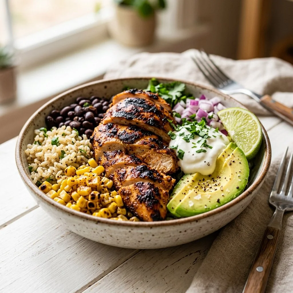 High protein chicken bowl with vegetables and grains for a nutritious meal