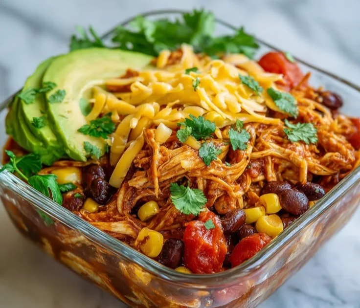 High-protein chicken enchilada bowls with colorful toppings and textures