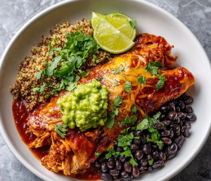 High-protein Chicken Enchilada bowls filled with vibrant ingredients