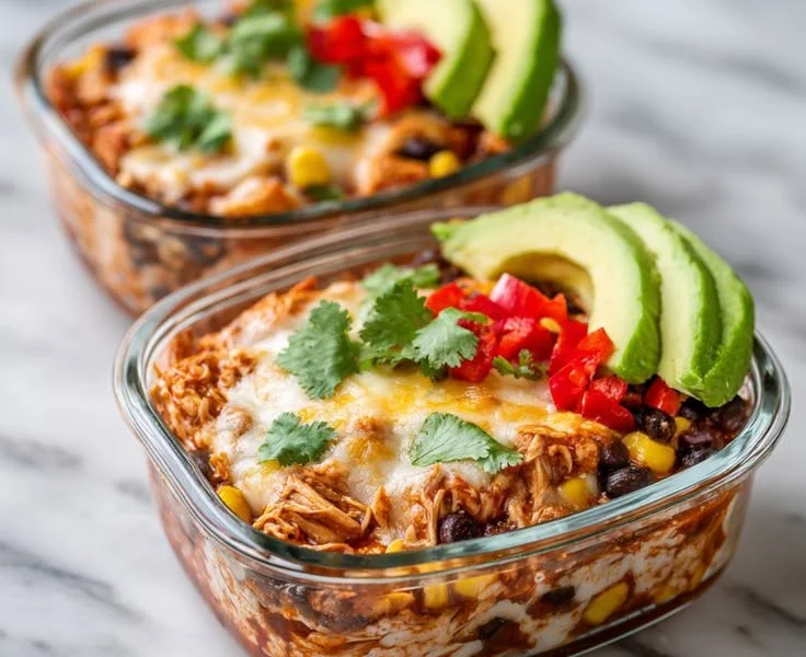 High-protein chicken enchilada bowls topped with cottage cheese and fresh vegetables