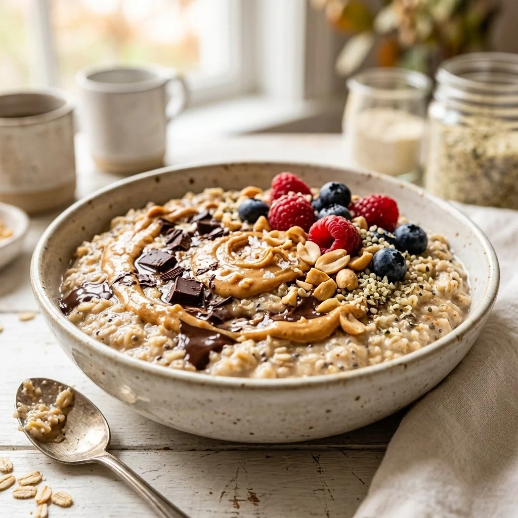 Bowl of high protein oatmeal topped with fruits and nuts